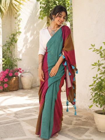 Teal Bloom Handloom Cotton Saree