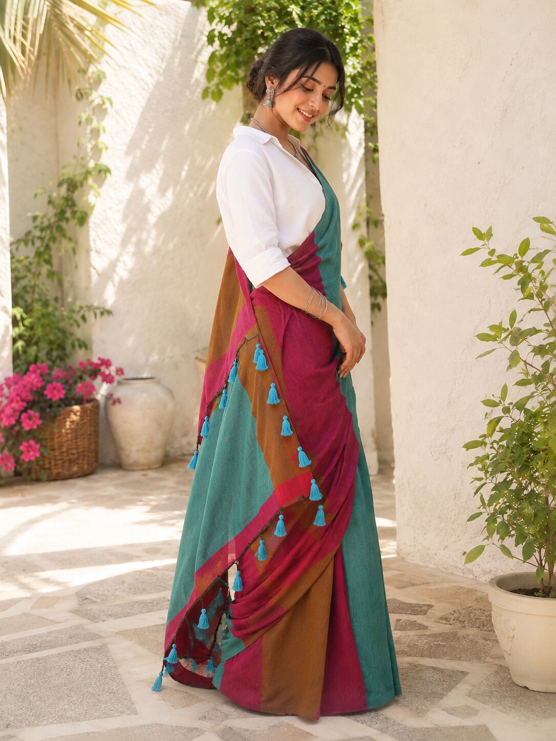 Teal Bloom Handloom Cotton Saree