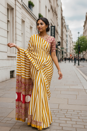 Yellow & Red Ajrakh Print Satin Saree