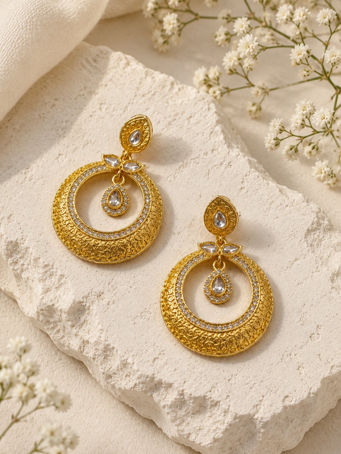 Gold-Tone Kundan Chandbali Earrings for Women