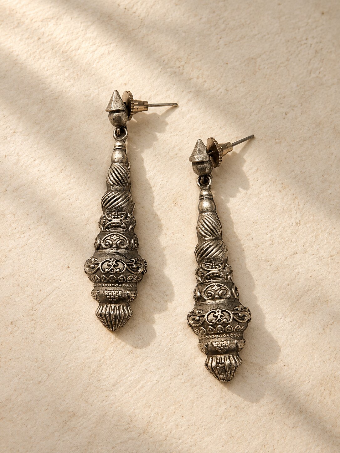 Antique Silver-Tone Long Tribal Drop Earrings for Women