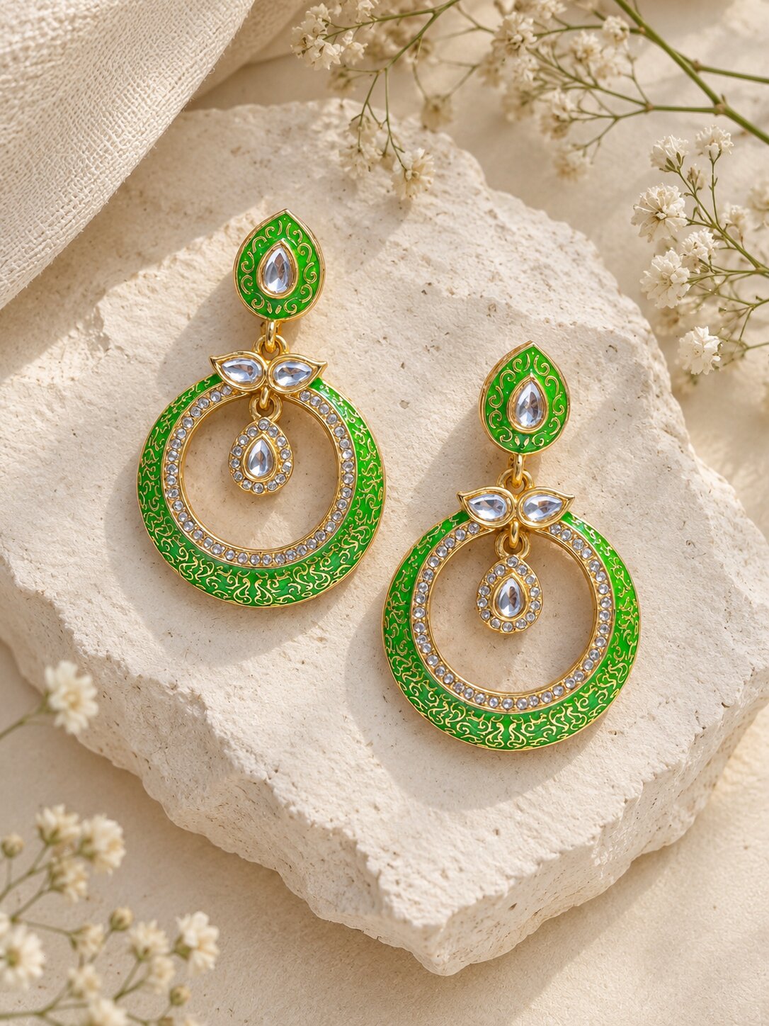 Emerald Green Meenakari Kundan Chandbali Statement Earrings