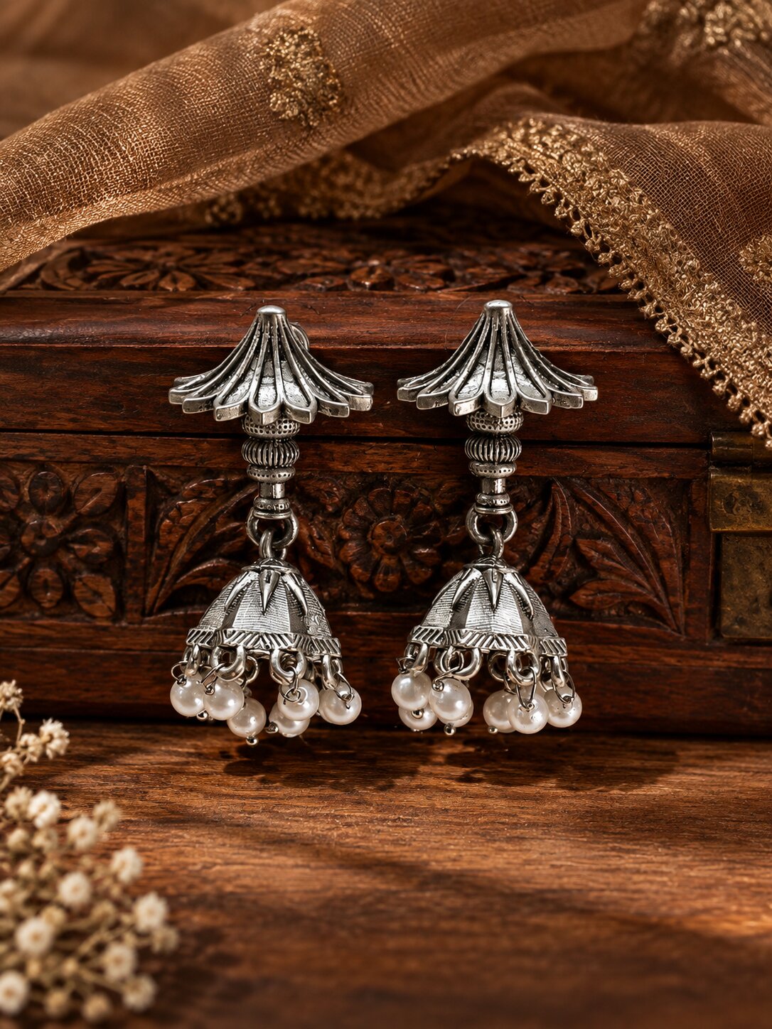 Silver Pearl Jhumka Earrings