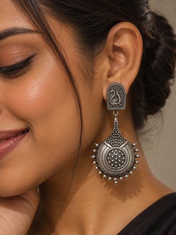 Oxidised Silver Peacock Statement Earrings