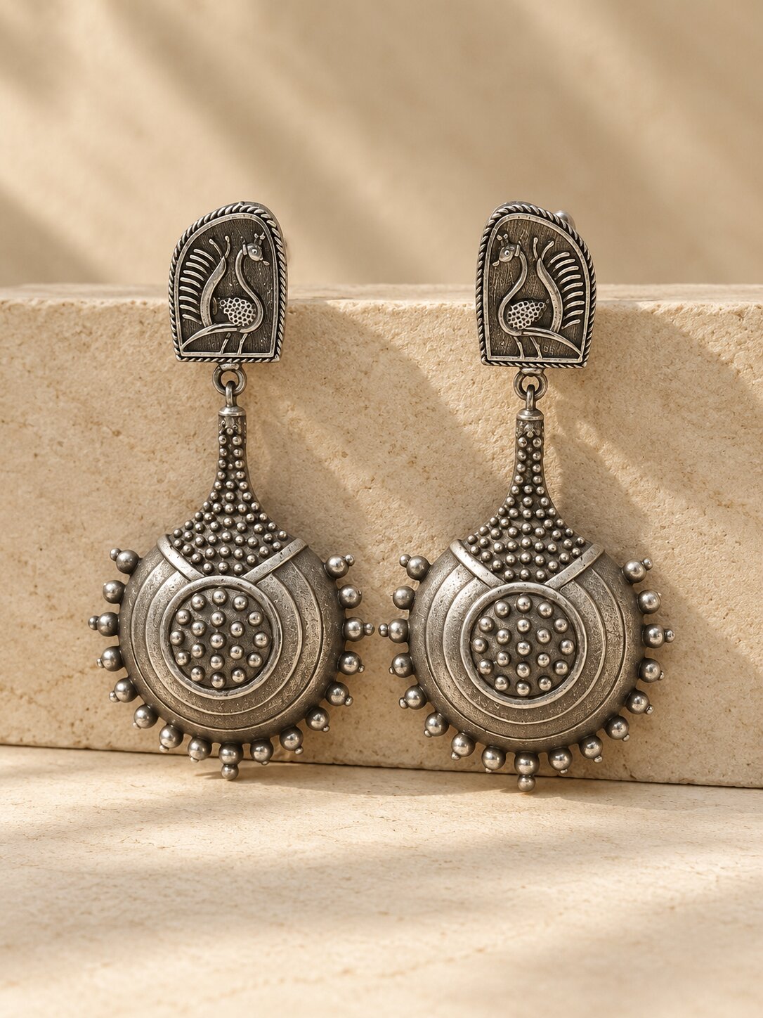 Oxidised Silver Peacock Statement Earrings