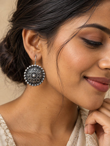 Oxidized Silver Floral Round Statement Earrings