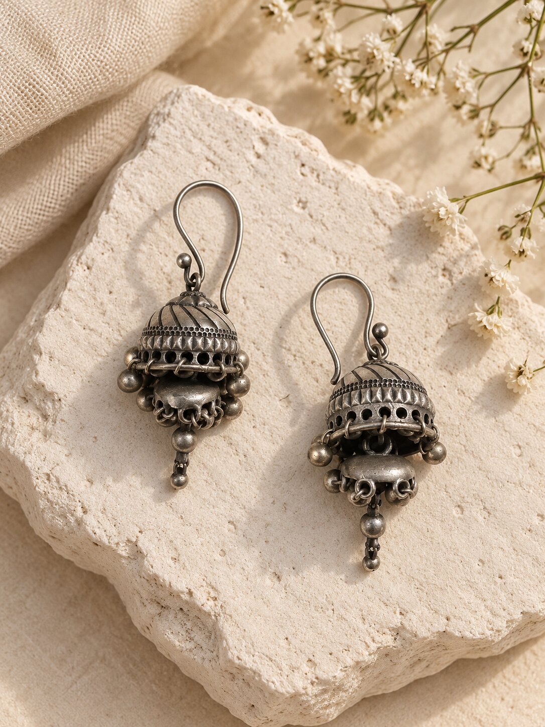 Oxidized Silver Jhumka Earrings with Ghungroo Drops