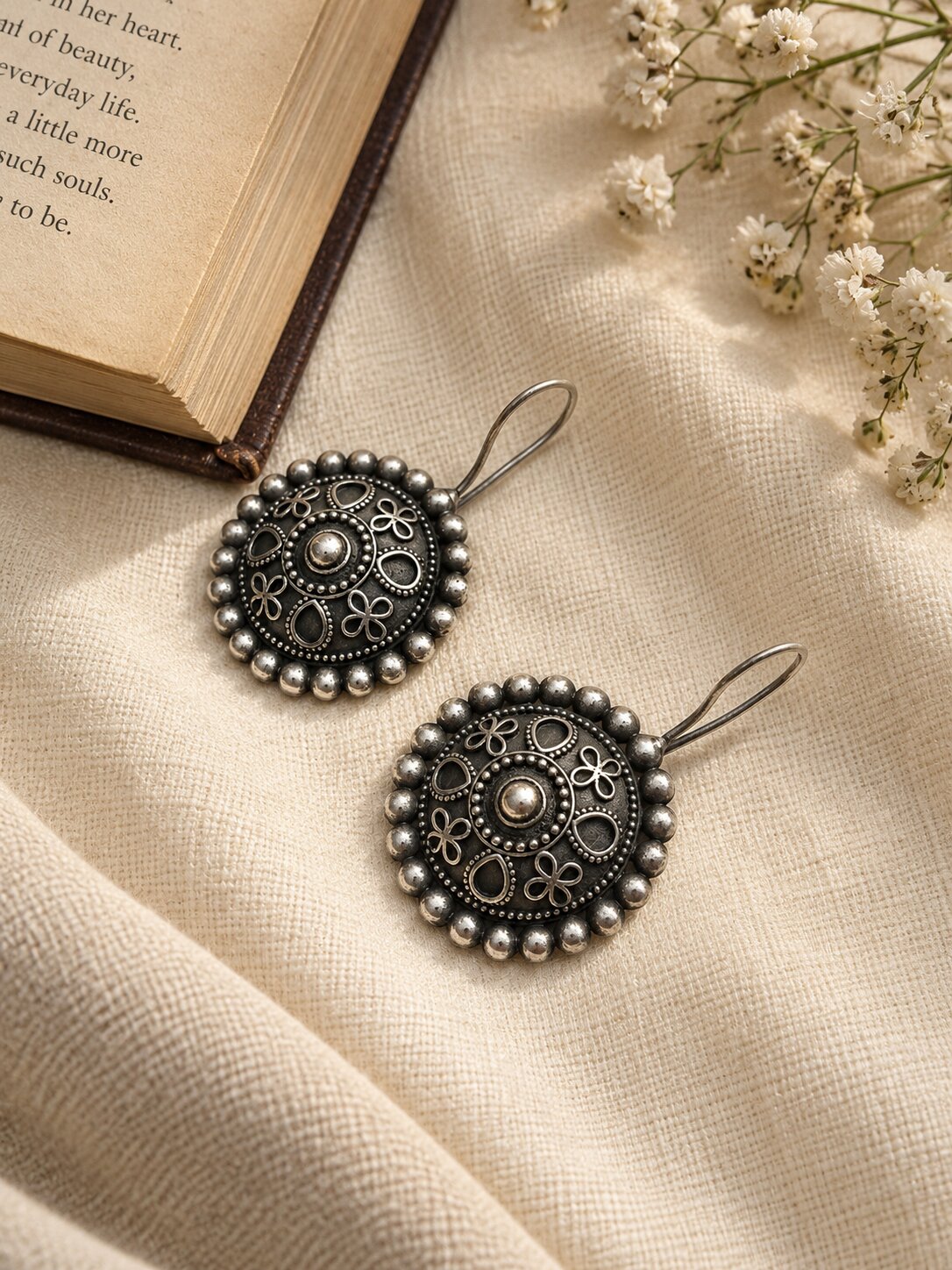 Oxidized Silver Floral Round Statement Earrings