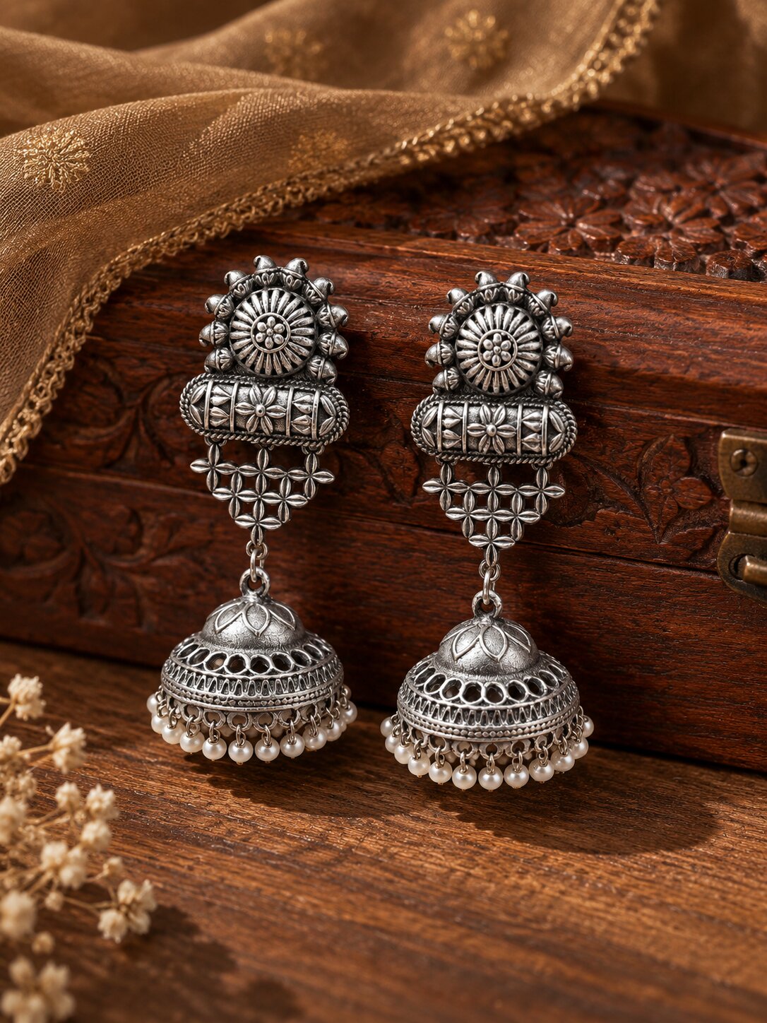 Silver Floral Jhumka Earrings with Pearl Beads
