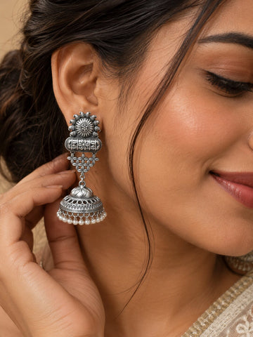 Silver Floral Jhumka Earrings with Pearl Beads