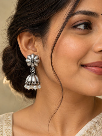 Silver Floral Jhumka Earrings with Pearls