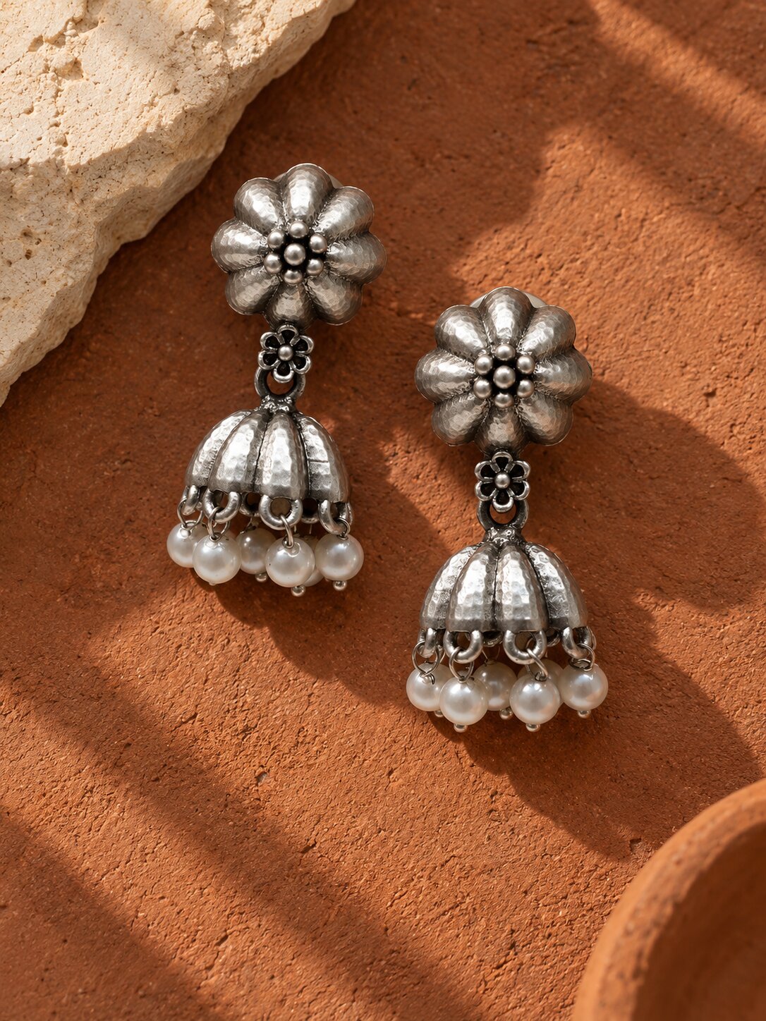 Silver Floral Jhumka Earrings with Pearls
