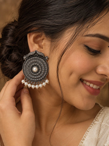 Oxidized Silver-Tone Pearl Circular Statement Earrings for Women
