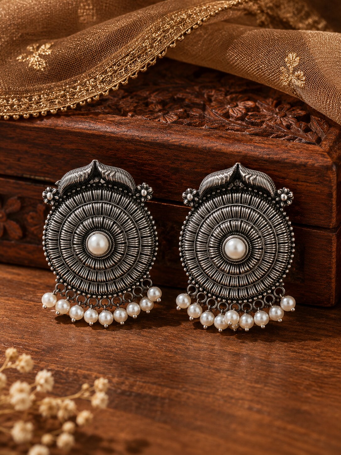 Oxidized Silver-Tone Pearl Circular Statement Earrings for Women