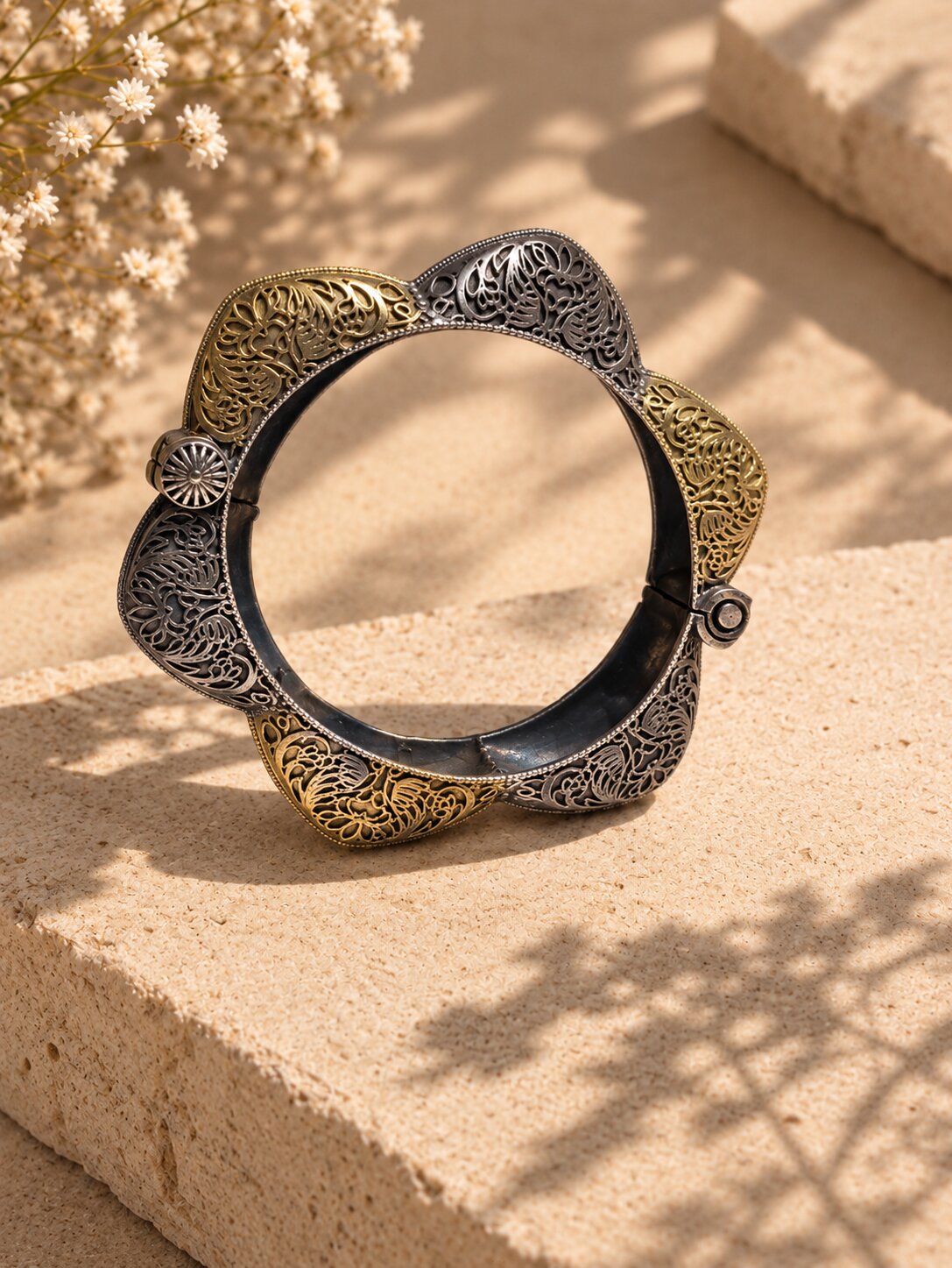 Dual-Tone Floral Filigree Statement Bangle