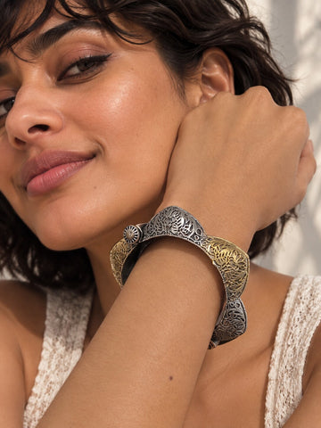 Dual-Tone Floral Filigree Statement Bangle