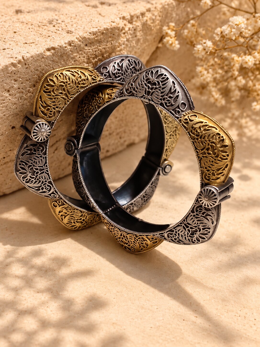Dual-Tone Floral Filigree Bangles
