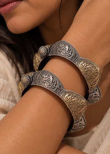Dual-Tone Floral Filigree Bangles