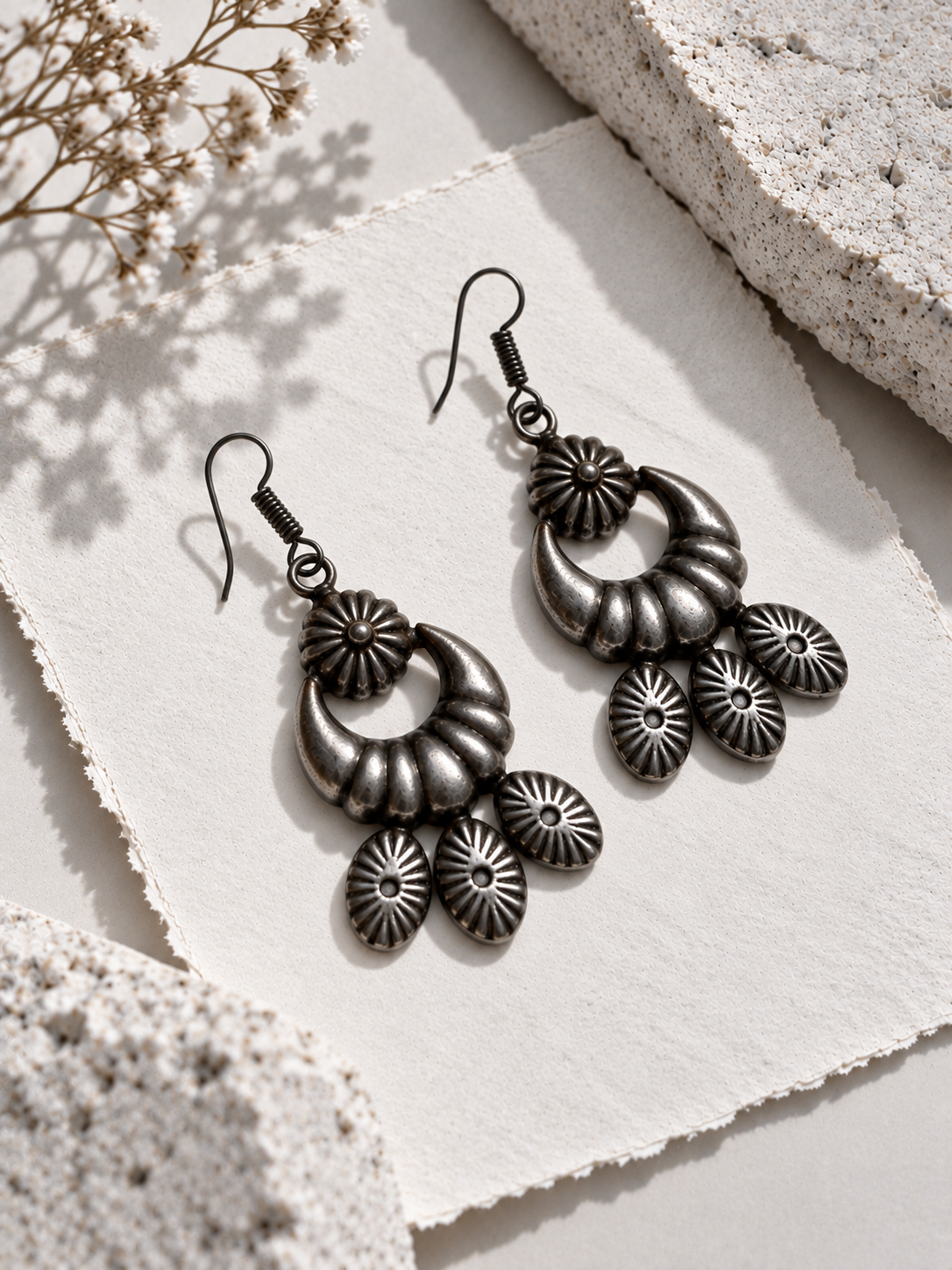 Niska Silver Floral Crescent Drop Earrings