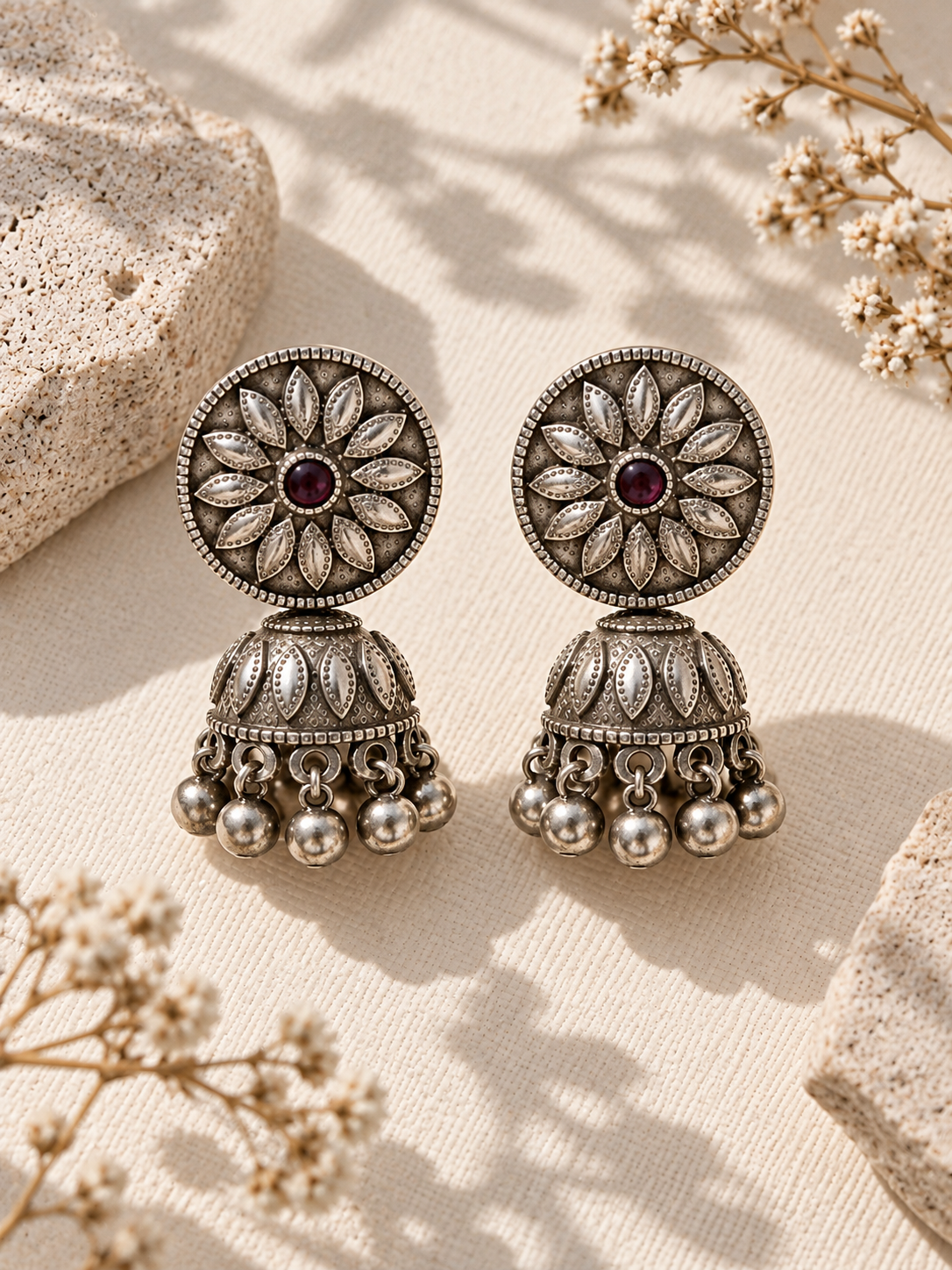 Niska Silver Floral Jhumka Earrings