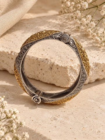 Dule-Tone Antique Engraved Statement Bangle