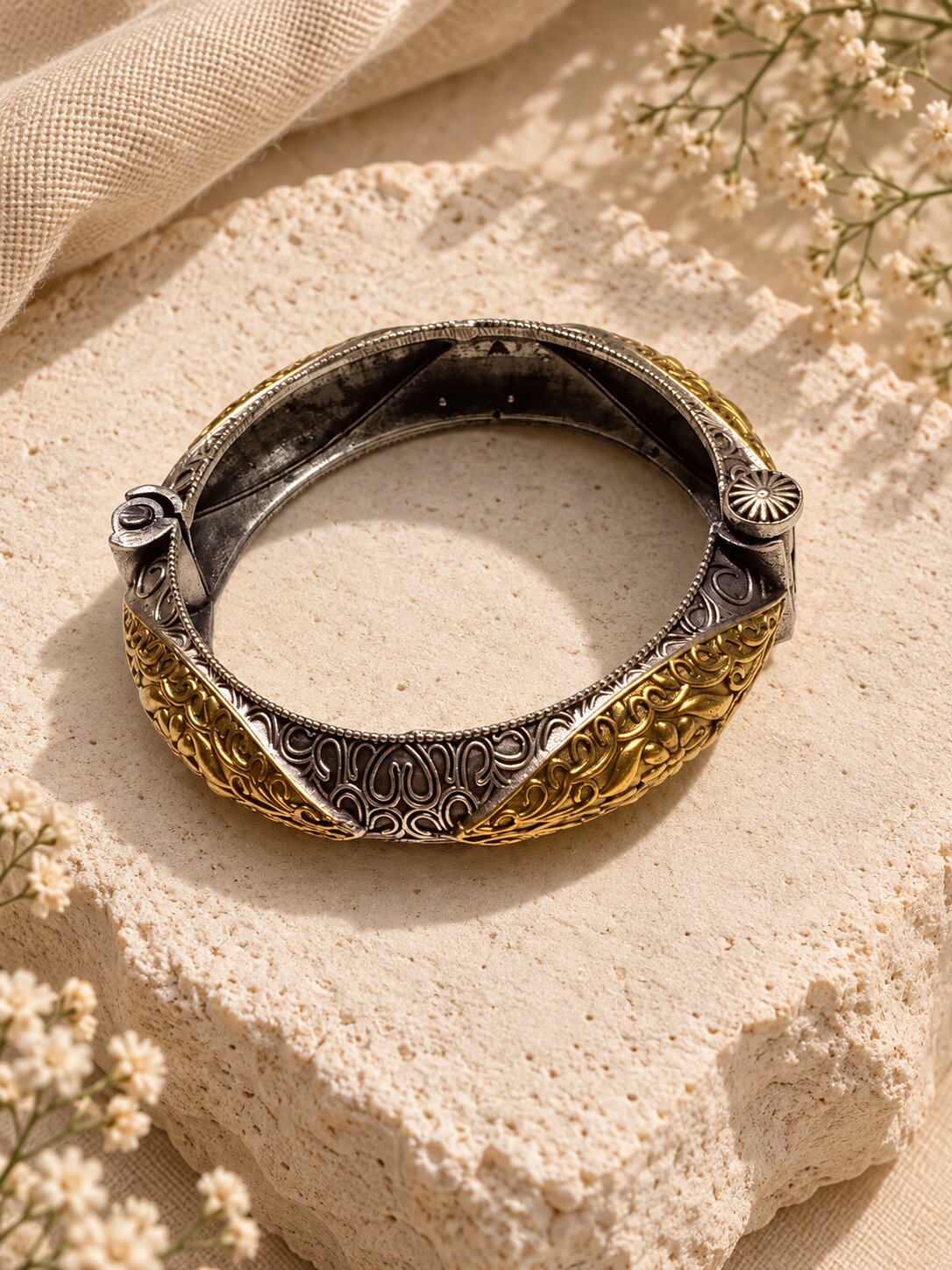 Dule-Tone Antique Engraved Statement Bangle