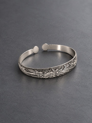 Floral Engraved Silver Tone Cuff Bracelet