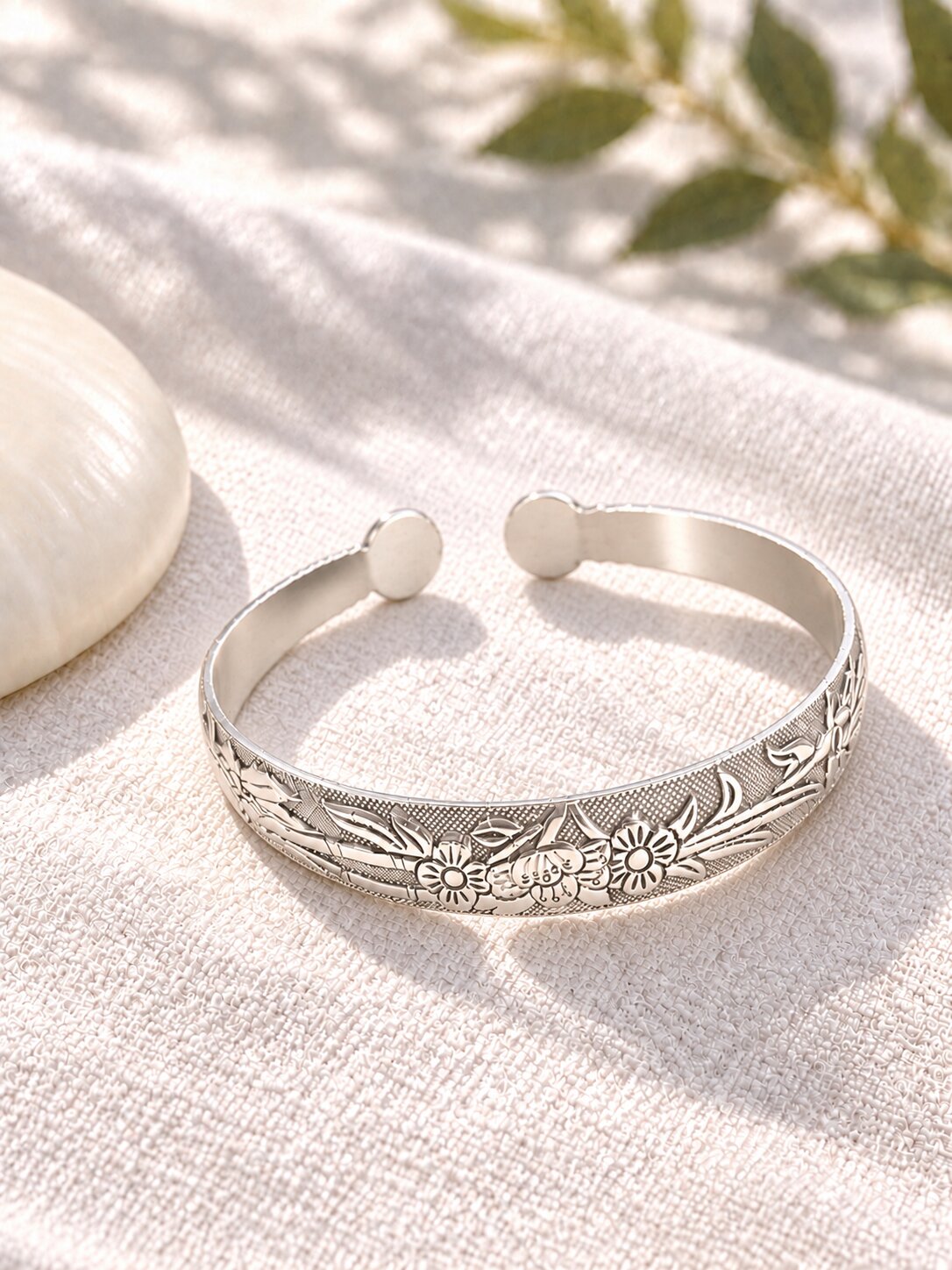 Floral Engraved Silver Tone Cuff Bracelet