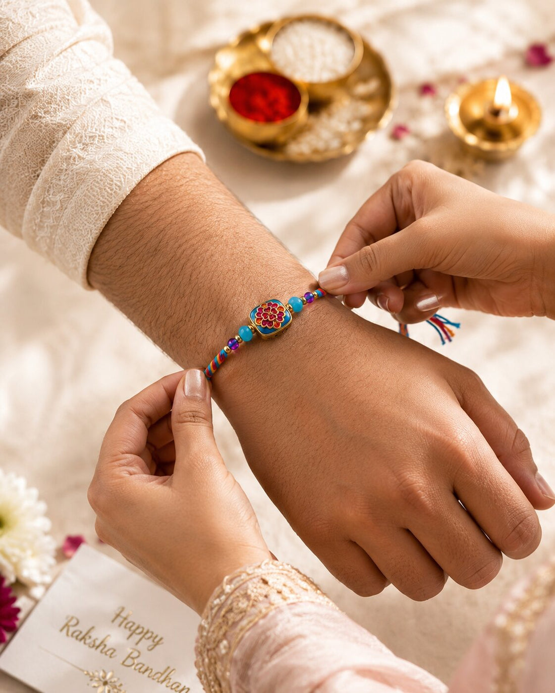 Niska Premium Floral Beaded Rakhi with Multicolor Thread