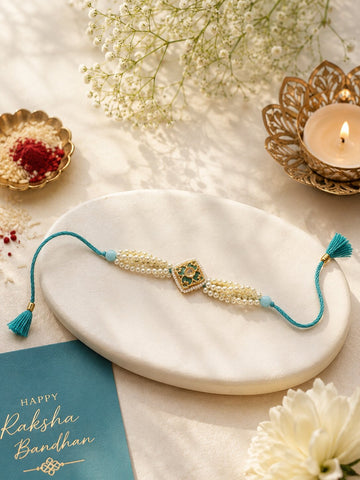 Niska Handmade Pearl Rakhi with Emerald Green Centerpiece