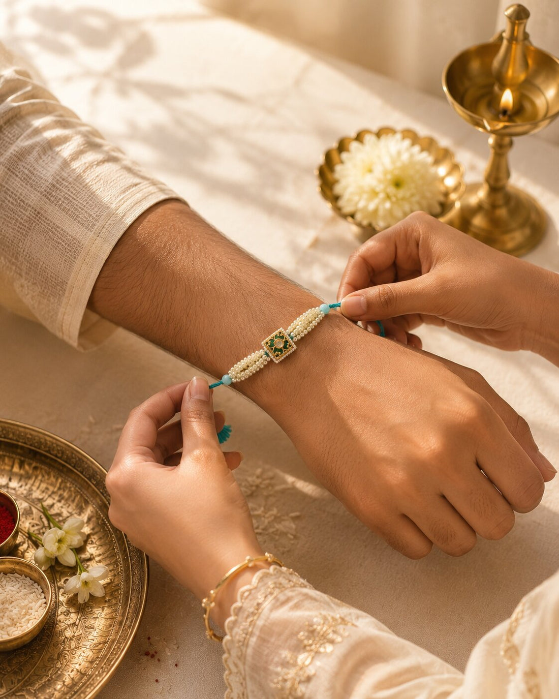 Niska Handmade Pearl Rakhi with Emerald Green Centerpiece