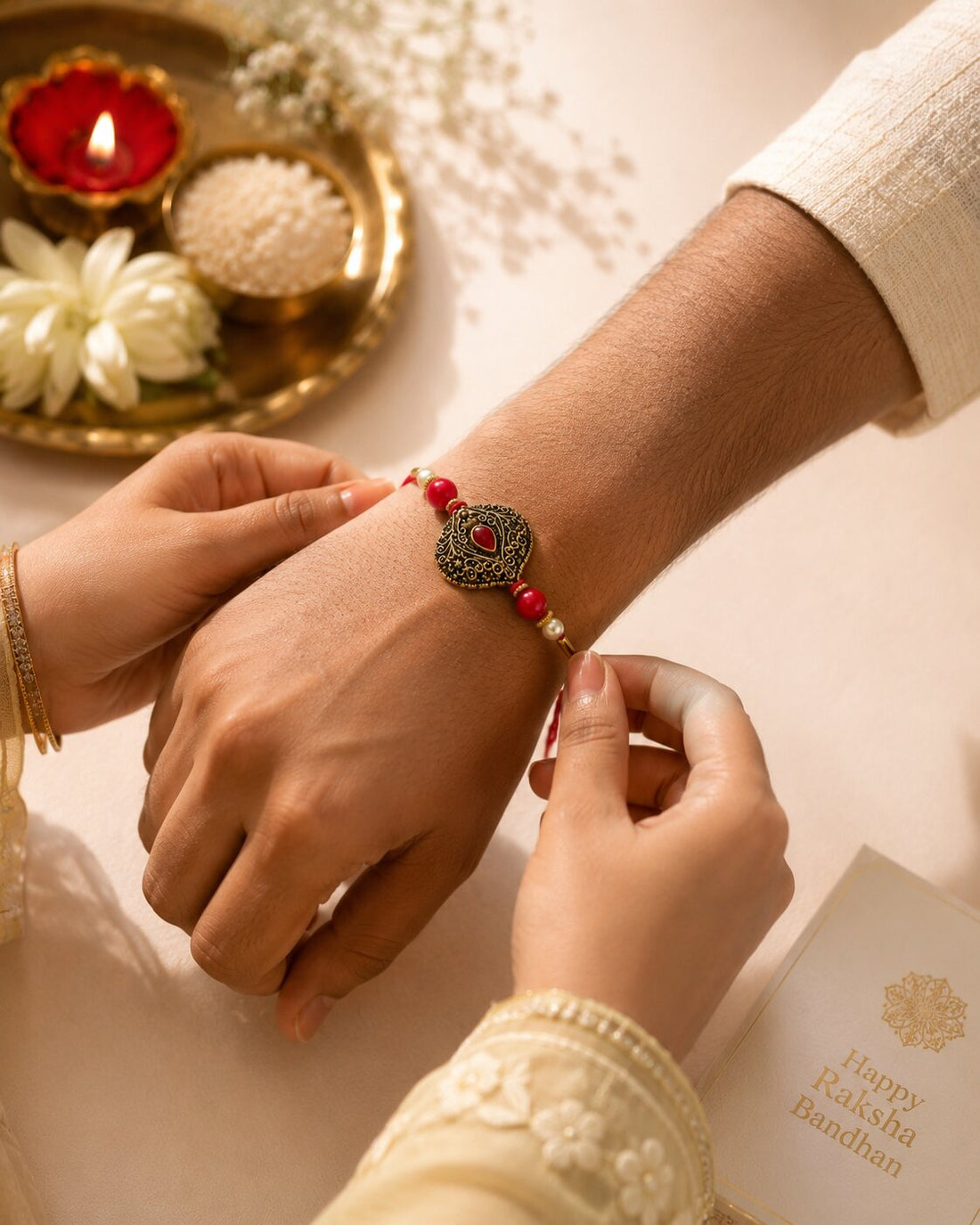 Niska Antique Oxidised Designer Rakhi with Red Stone