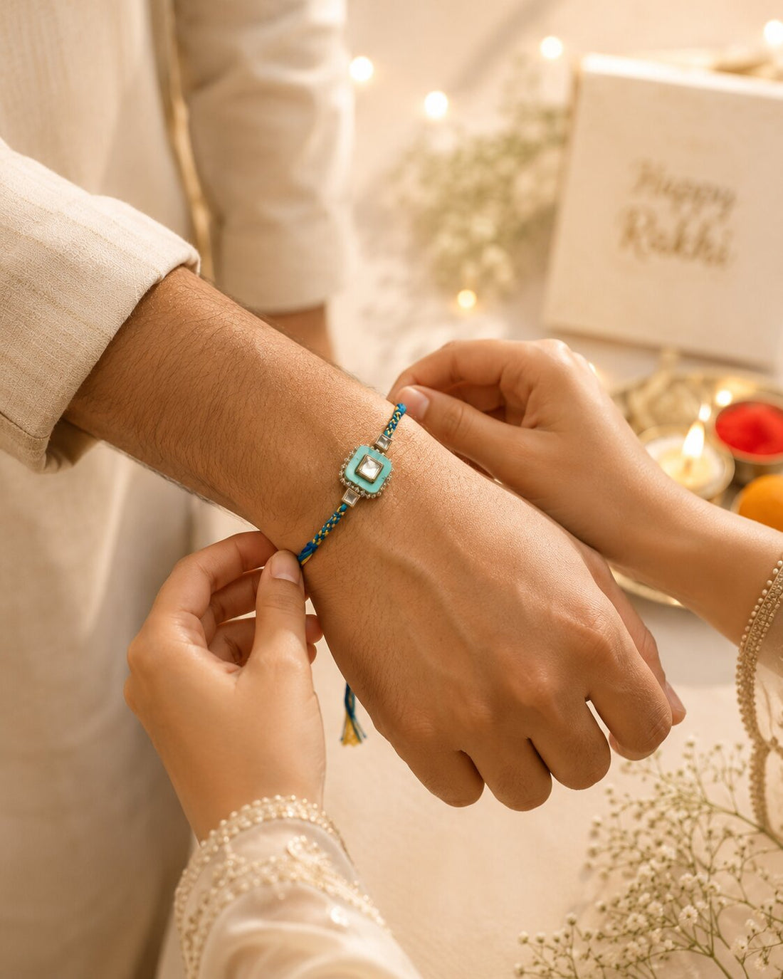 Niska Turquoise Kundan Designer Rakhi with Blue Thread