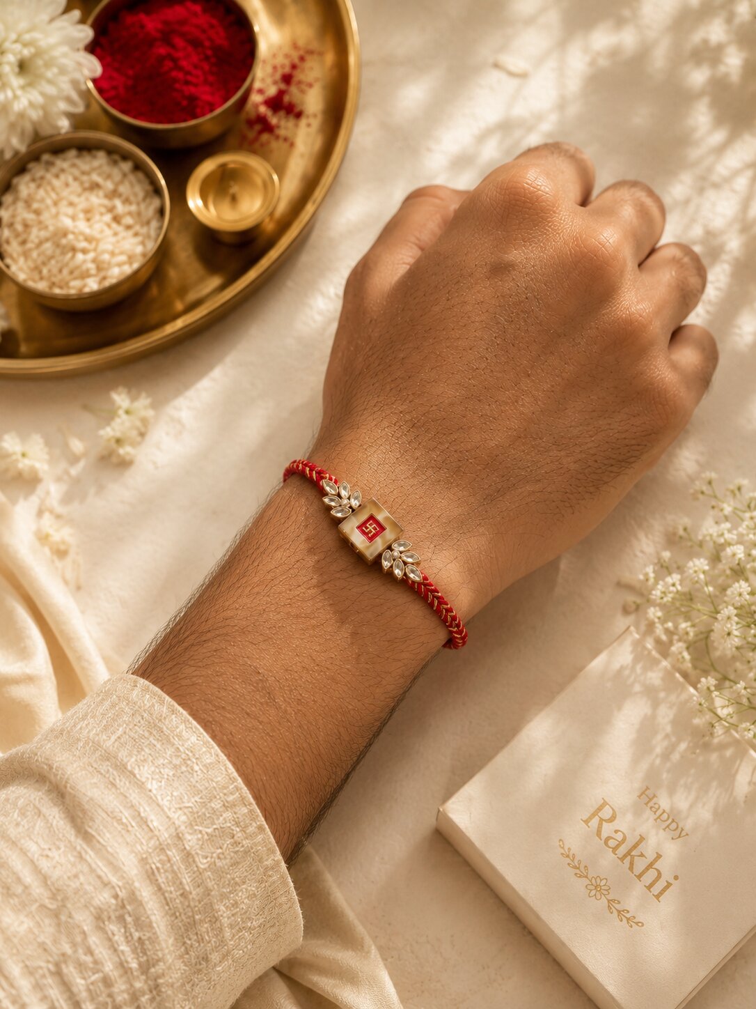 Niska Premium Swastik Rakhi with Crystal Floral Design