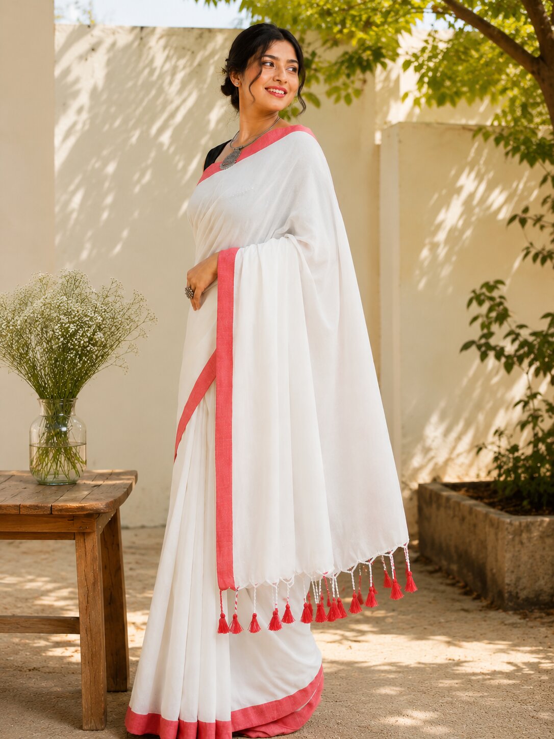Niska White Red Par Cotton Saree