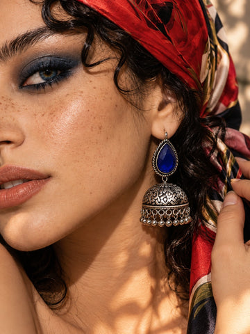 Monalisa Blue Stone Oxidized Jhumka Earrings