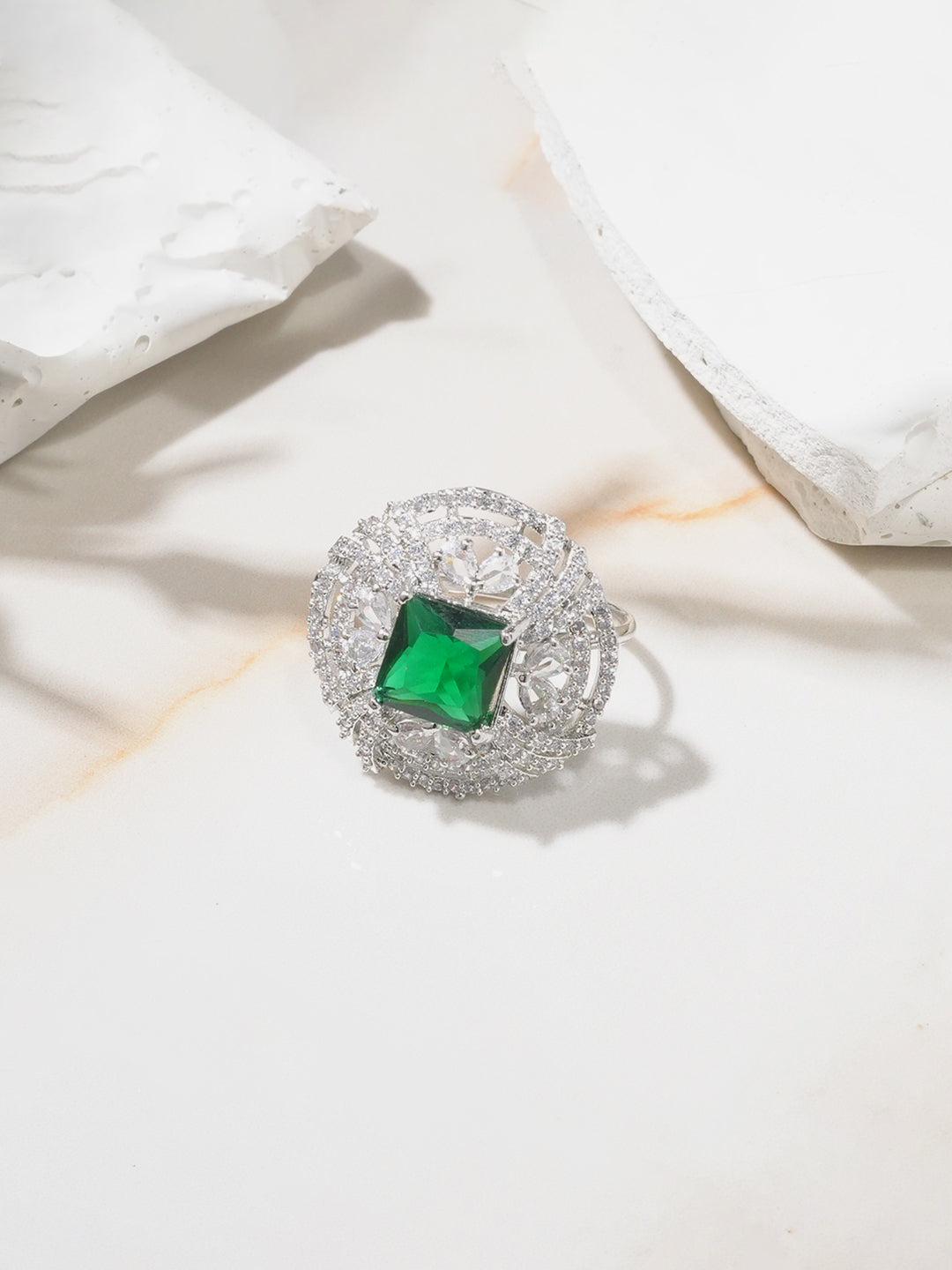 Rhodium-Plated Green AD & White Cubic Zirconia Studded Adjustable Finger Ring