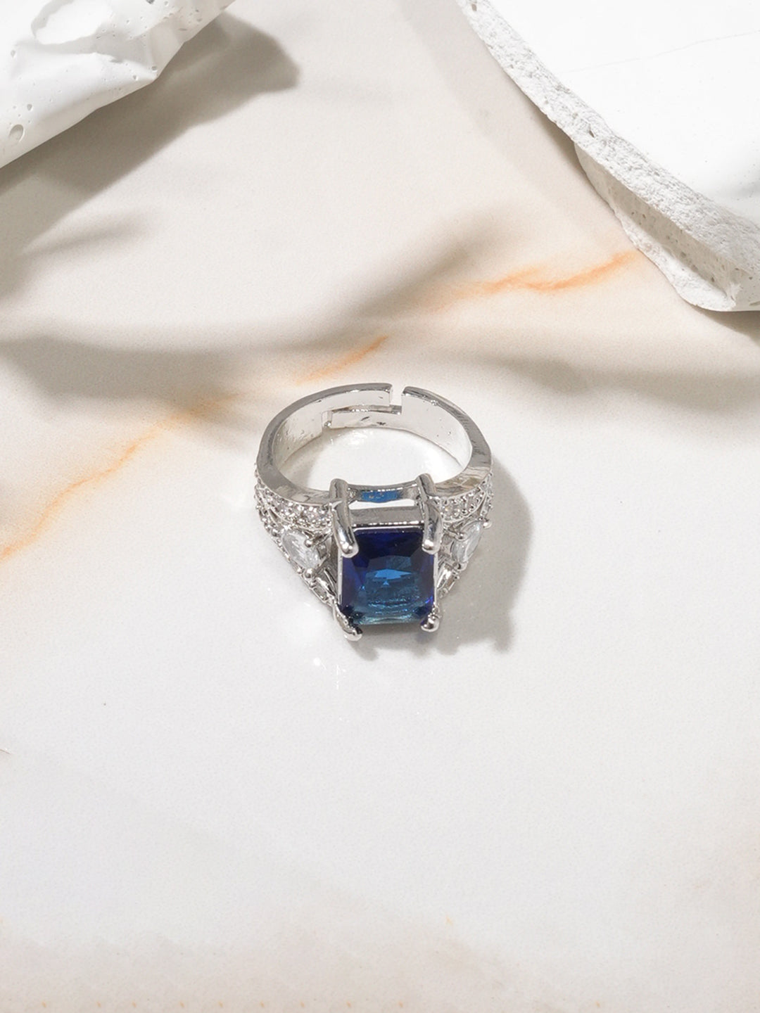 Niska Rhodium-Plated Stainless Steel Adjustable Ring with Emerald Blue Stone and Cubic Zirconia Detailing