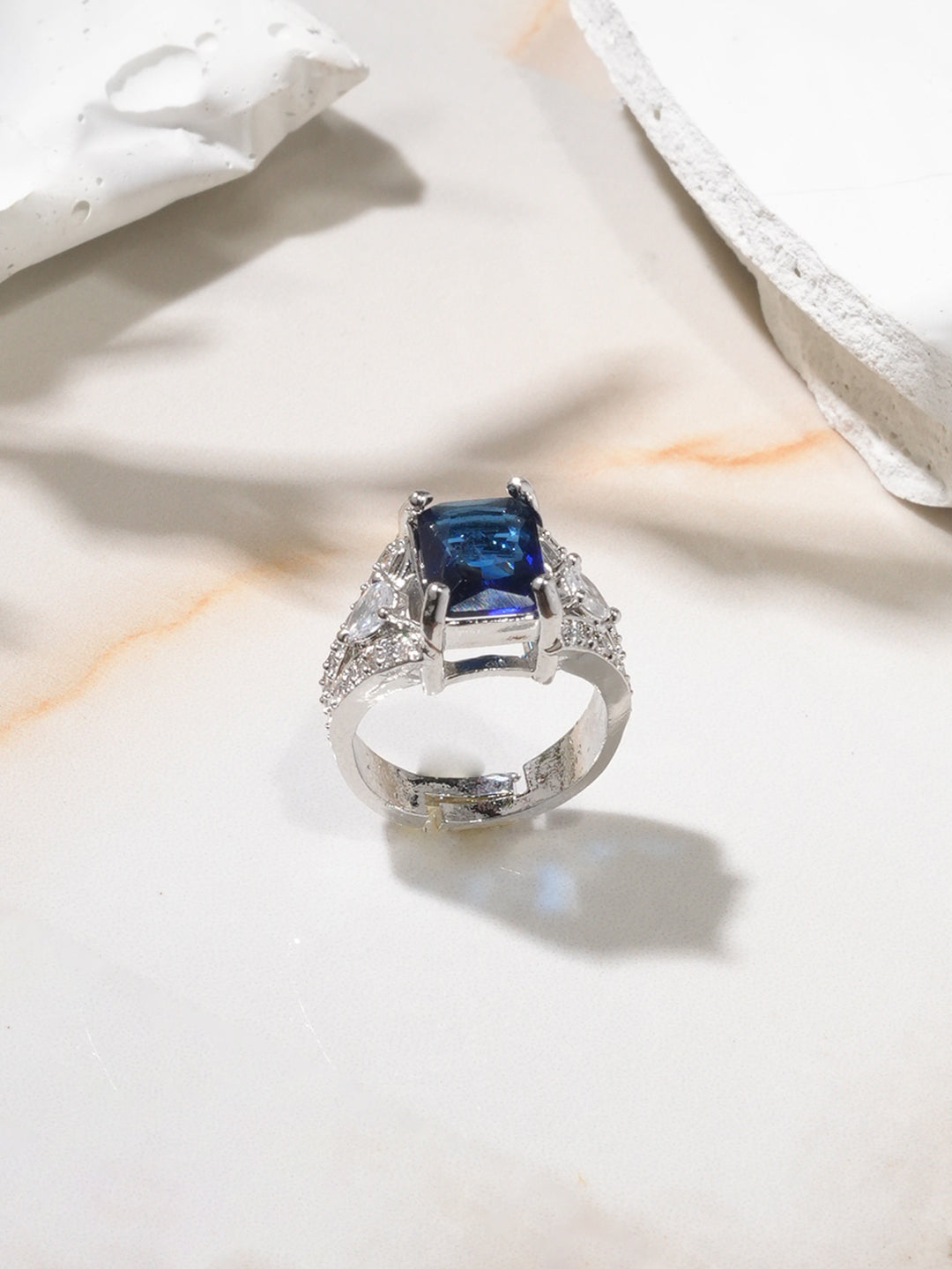 Silver-Plated AD Studded Adjustable Finger Ring