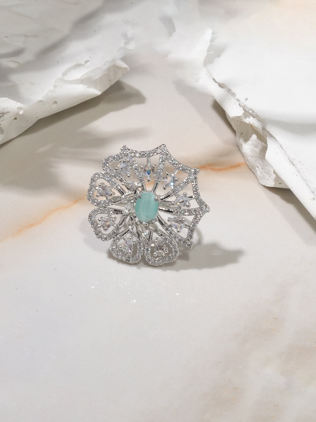 Niska Rhodium-Plated Sea Green & Cubic Zirconia Studded Openable Floral Statement Ring (Copy)