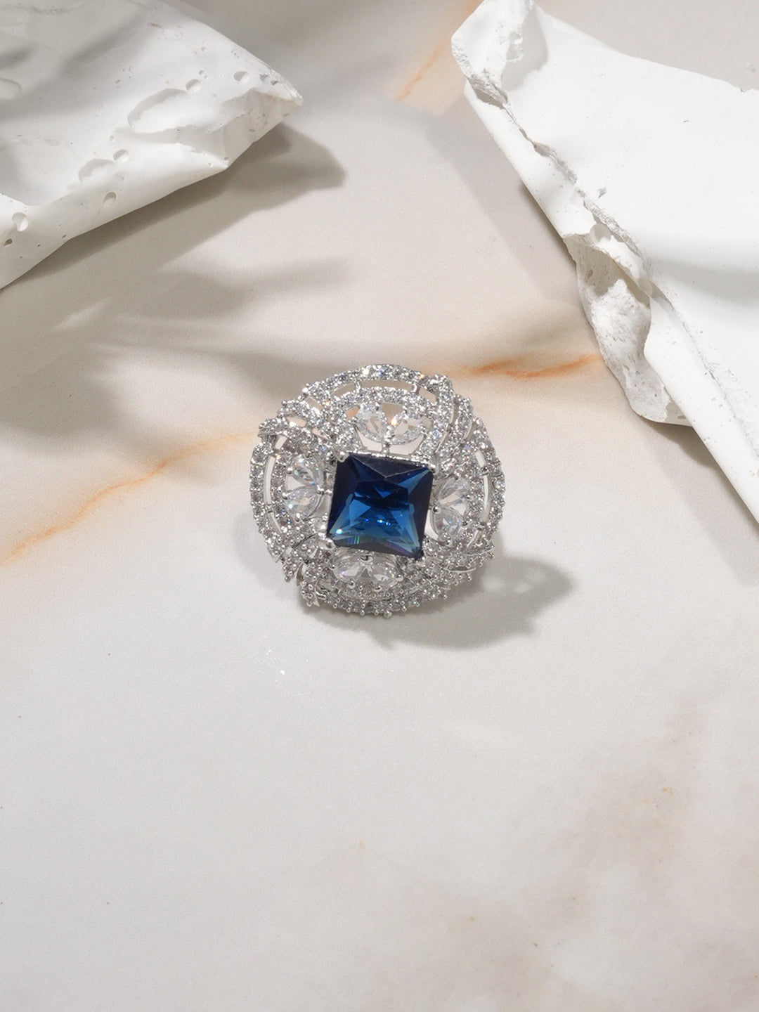 Niska Rhodium-Plated Blue & Cubic Zirconia Studded Openable Floral Statement Ring