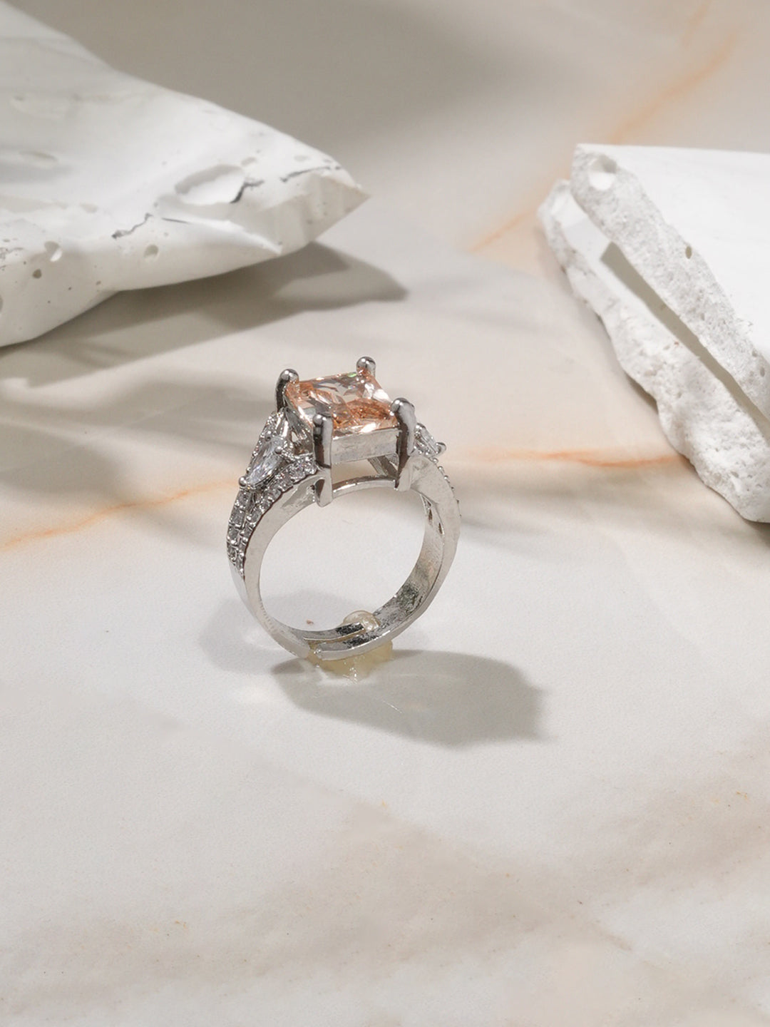 Rhodium-Plated Adjustable Ring with Emerald Yellow Stone and Cubic Zirconia Detailing