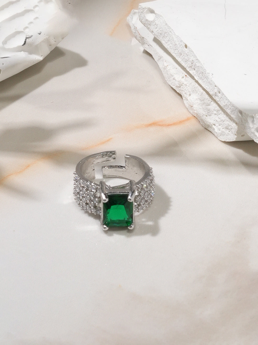 Rubans Rhodium-Plated Green Sapphire Adjustable Ring with Cubic Zirconia Detailing