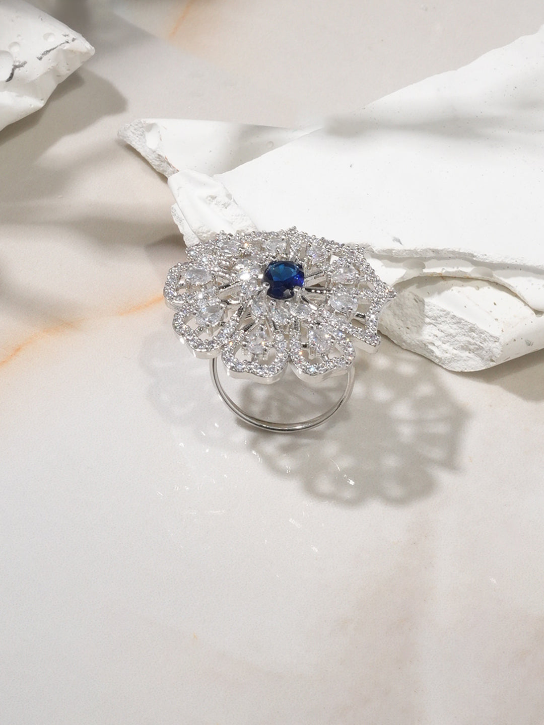 Niska Rhodium-Plated Blue & Cubic Zirconia Studded Openable Floral Statement Ring