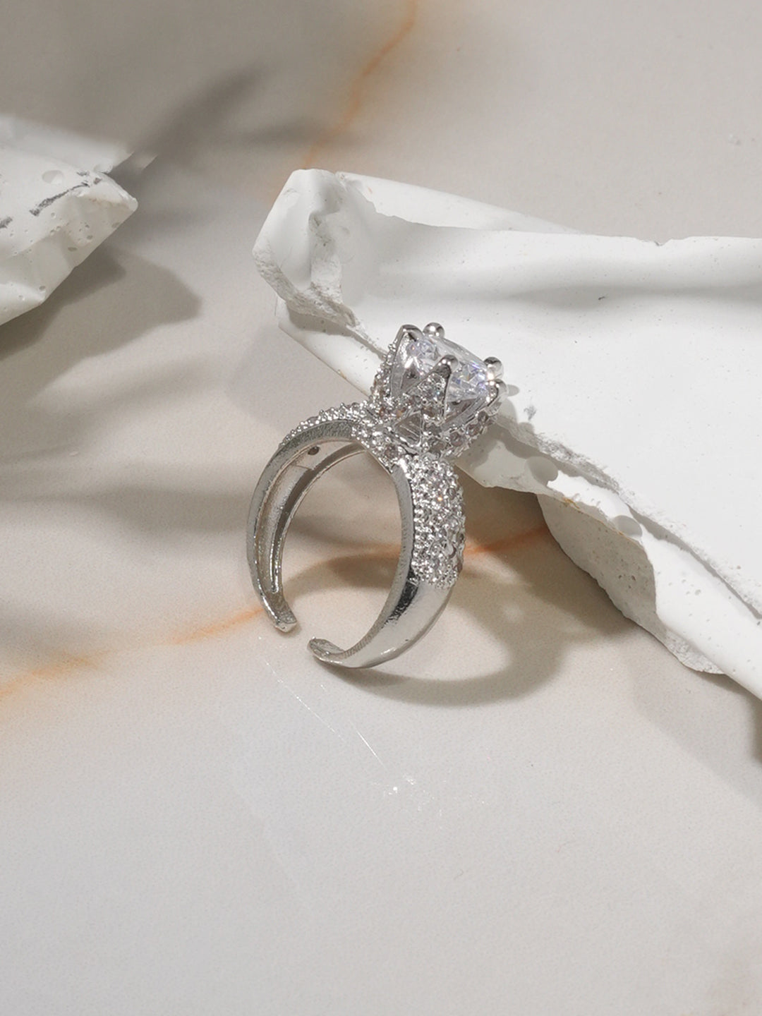 Rhodium-Plated Emerald White CubicZirconia Studded Adjustable Cocktail Ring