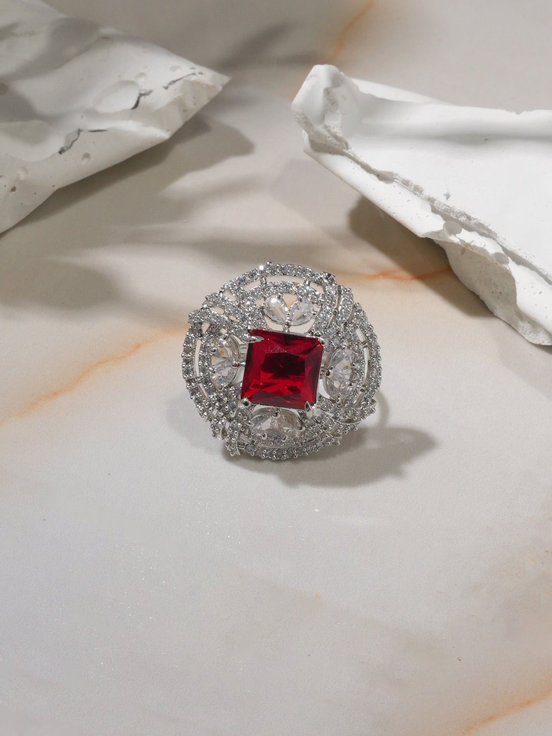 Niska Rhodium-Plated Ruby Red & Cubic Zirconia Studded Openable Floral Statement Ring