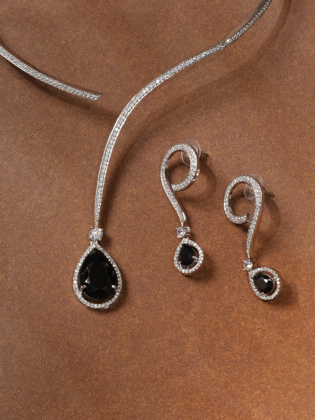 Niska Rhodium-Plated Emerald Blue Stone & Cubic Zirconia Studded Pendant Frame Necklace Set Regular price