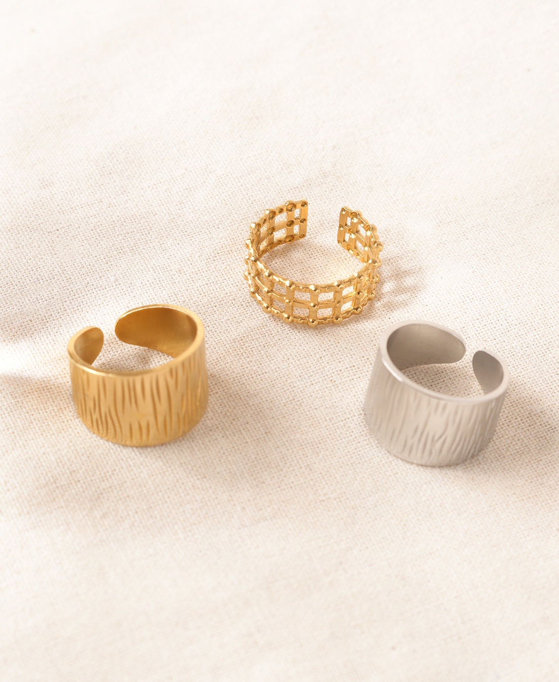 Textured Trio Anti-Tarnish Gold Adjustable Ring Set