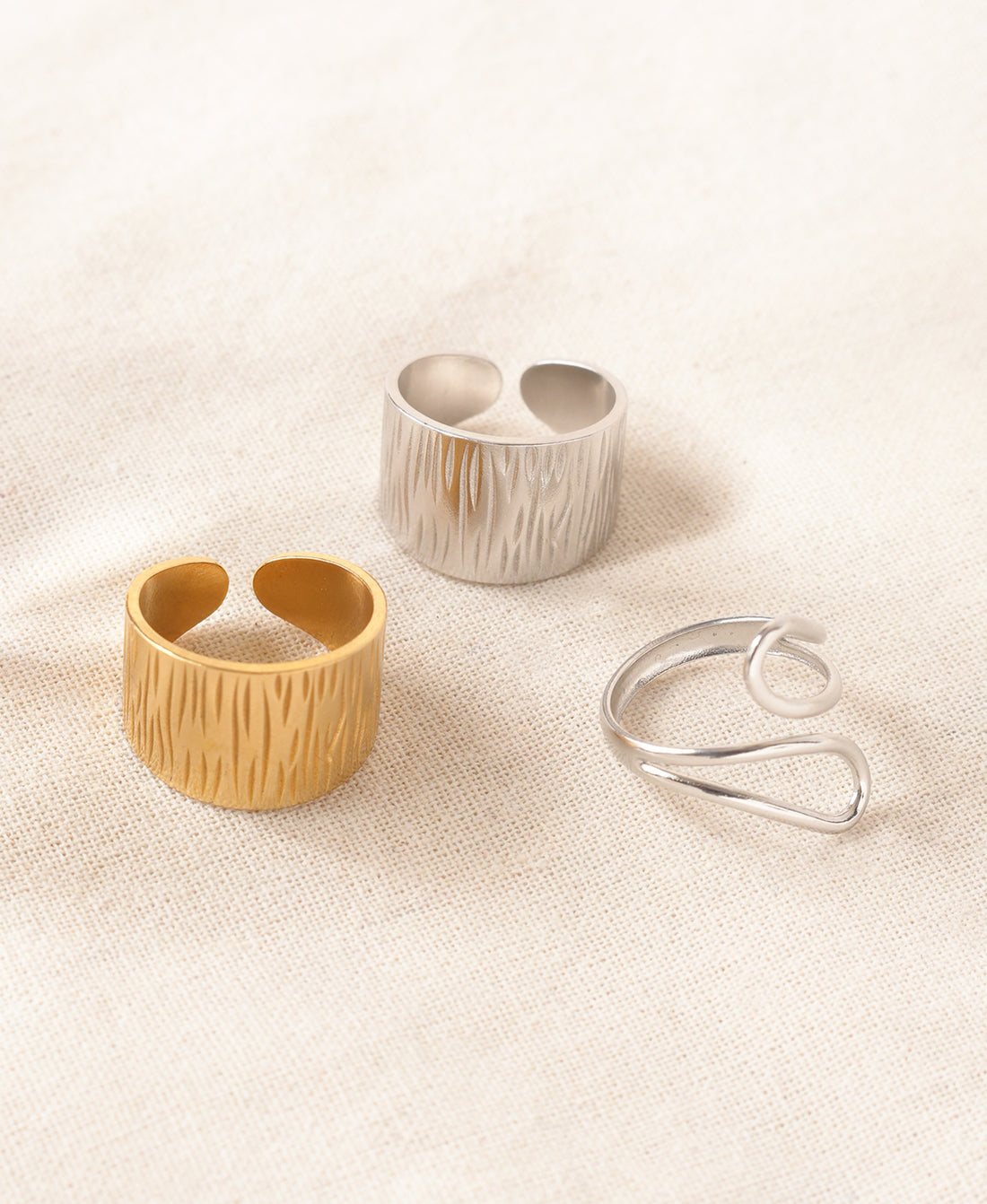 Anti-Tarnish Adjustable Ring Trio Set – Textured Gold & Silver Open Bands for Everyday Elegance