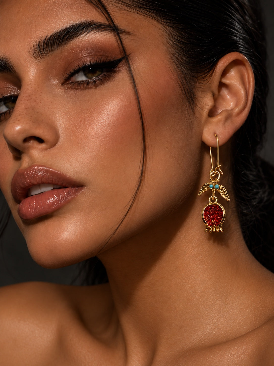 Red pomegranate and turquoise gold-tone drop earrings